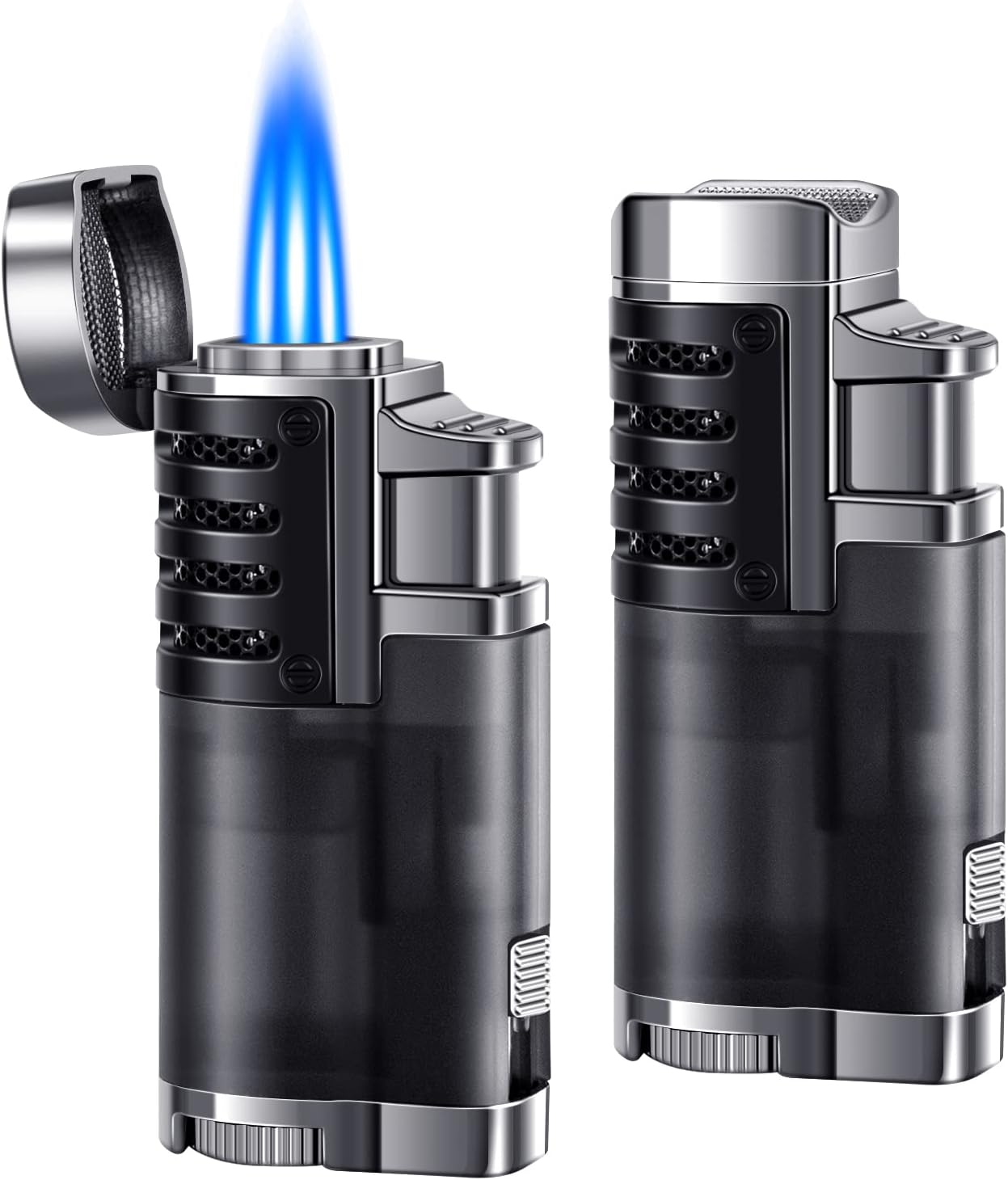 lcfunTorch Cigar Lighter 2 Pack Triple Jet Flame Butane Lighter Refillable Windproof Lighters Adjustable Flame Jet Lighter Butane Torch Lighter for Camping, Candle-Butane Not Included (2 Pack Black)