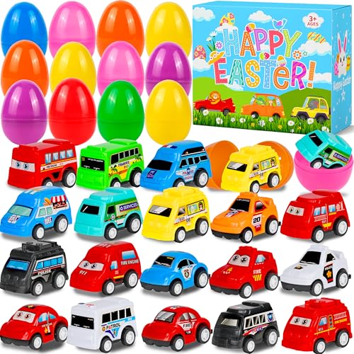 OCTERIC 18 Pcs Prefilled Easter Eggs with Pull Back Car, Plastic Eggs with City Cars, Easter Hount Basket Stuffers, Party Favors for Kids Classroom Prize Supplies, Gift for Kids Toddlers Girls Boys