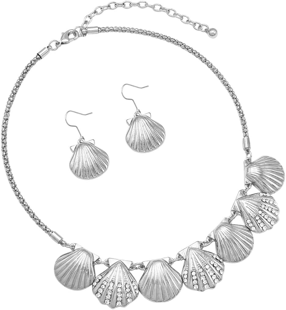 Rosemarie & Jubalee Women's Stunning Polished Metal Seashell Crystal Necklace And Earrings Set, 15"+3" Extender