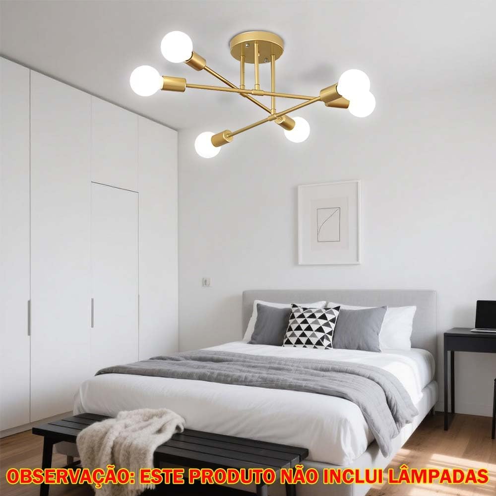 Luminária de Teto - 6 Luzes, Dourada Lustre Pendente Compatível com Lâmpadas E27,Para Cozinha, Quarto, Sala de Jantar(Lâmpada Não Incluída)