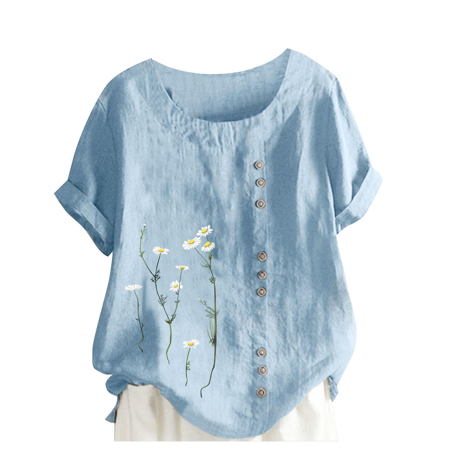 Lainuyoah Baggy Linen Button Up Shirts For Women Retro Embroidery/Printed Tees Cotton Linen Short Sleeve Summer Loose Blouse