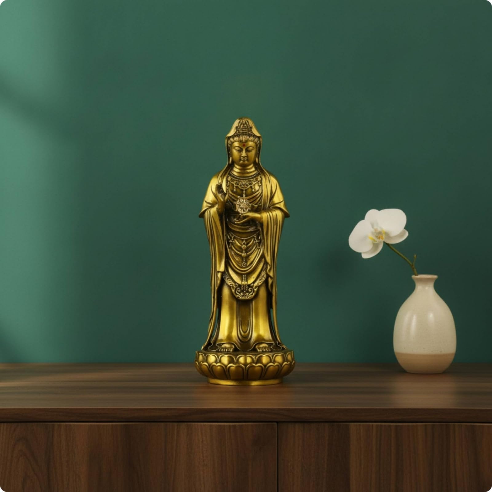 Estatua de Latón Figura Deidad Escultura Guanyin Imagen Buda Pulida con Pedestal Trabajado Adecuada para Altar Personal Oración Meditación Decoración Tradicional del Hogar, 28cm