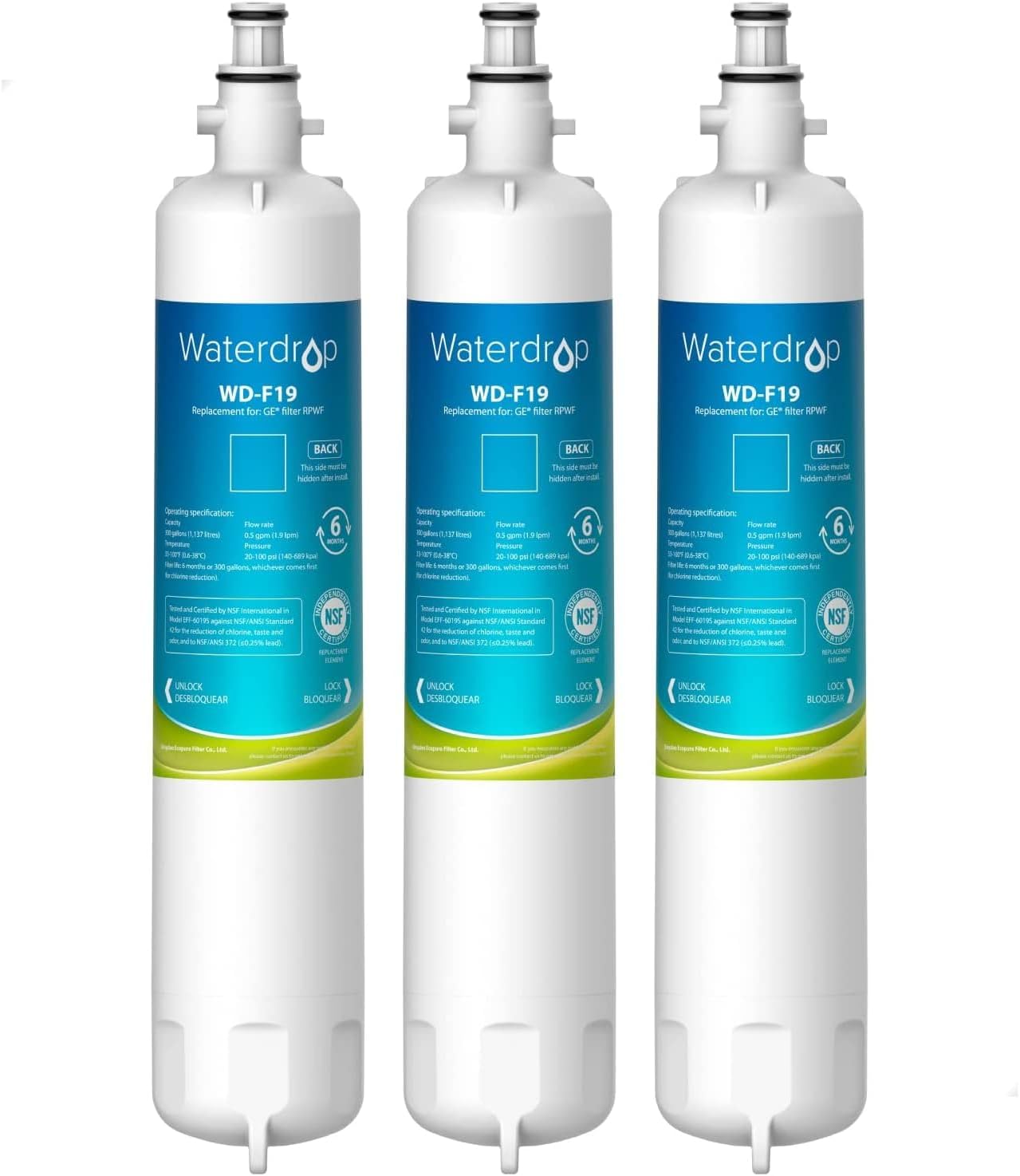 Waterdrop RPWF Refrigerator Water Filter (NOT RPWFE), Replacement for GE® RPWF, DWF-36, R-3600, MPF15350, OPFG3-RF300, WF277, RWF1063, RWF3600A, WSG-4, 3 Filters