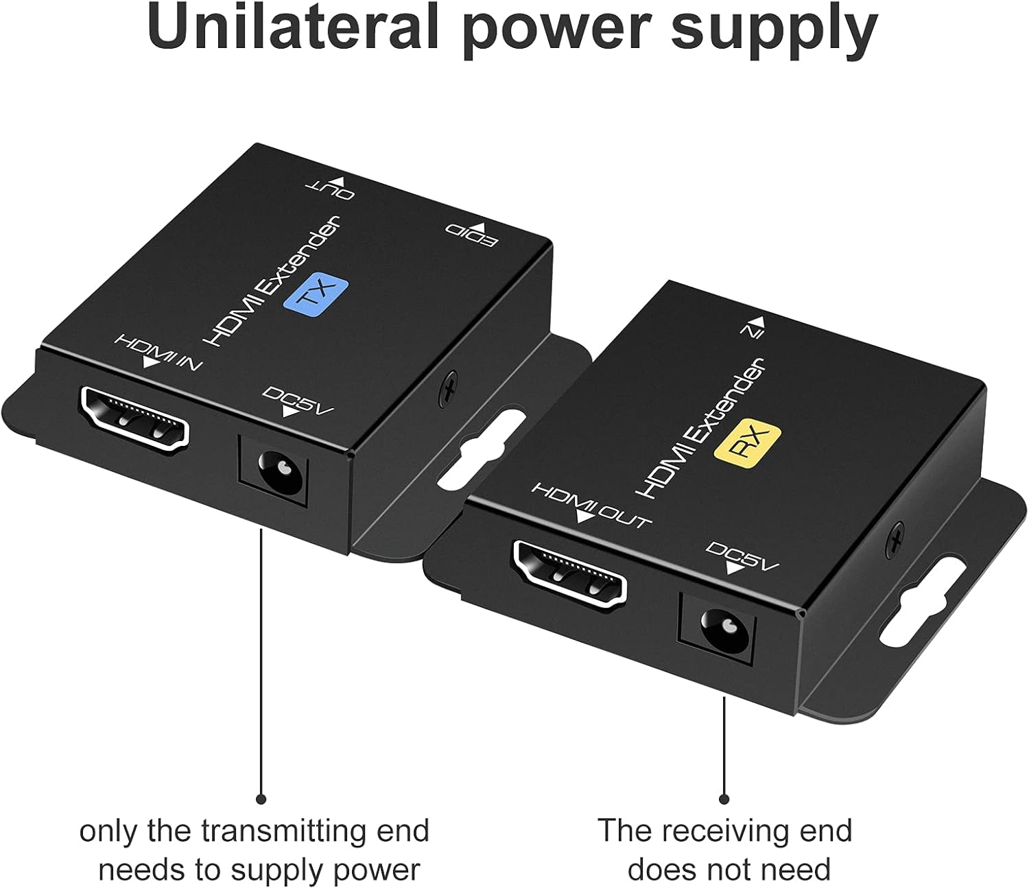 VPFET HDMI Extender showing unilateral power supply, where only the transmitting end needs power