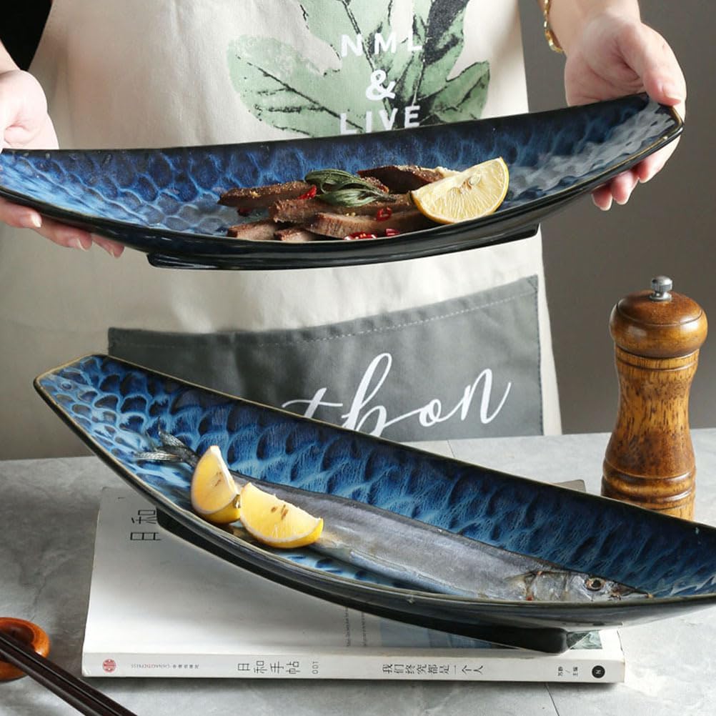 Cabilock Japanese Fish Plate 14.37 Inch Ceramic Sashimi Serving Platter Long Boat Shape Cold Dish Dessert Tray for Home Kitchen and Restaurant Use