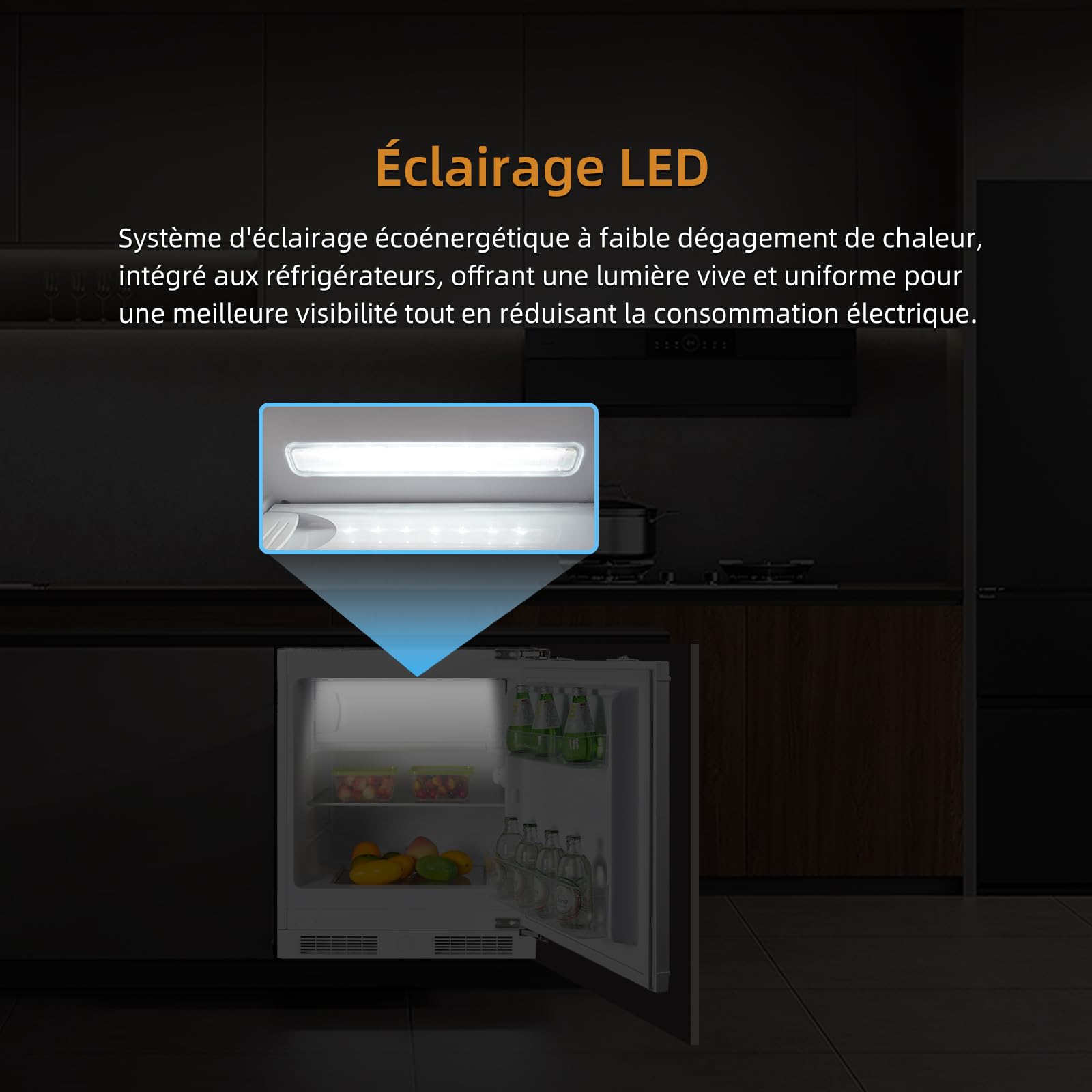 Frigo congelateur encastrable 82 cm sous plan de travail réfrigérateur | Refrigerateur congélateur | 96 L (84 L/12 L), 59 cm largeur | avec charnières de porte réversibles | Réglage température