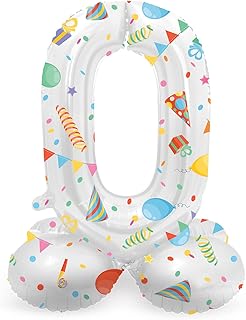 Folat 64760 Birthday Balloon Standing Number 0 Joyful Party White with Gifts and Decoration 41 cm - Decoration Birthday De...