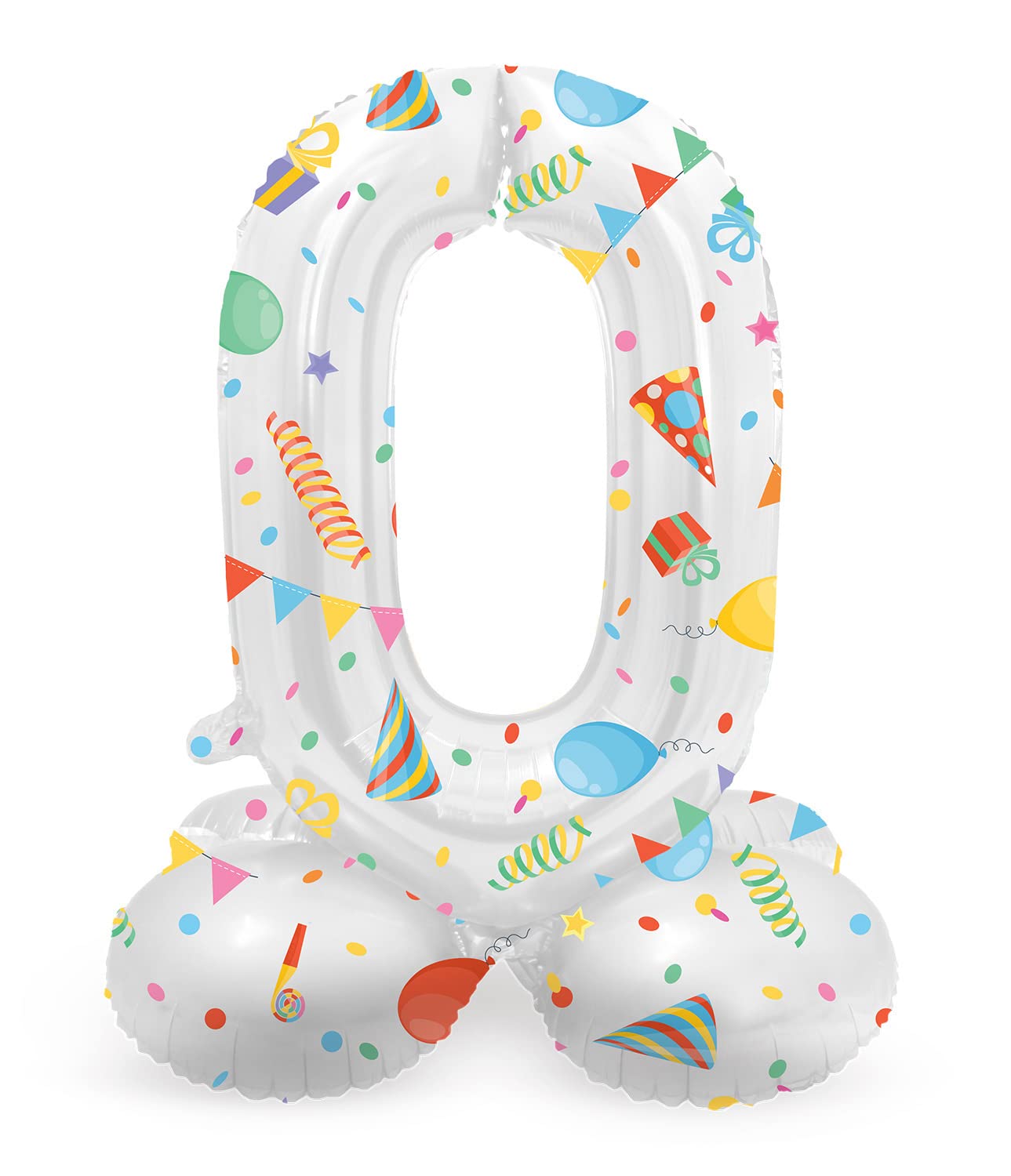 Folat 63960 Standing 0 Joyful Party White with Gifts 72 cm Birthday Decoration, Balloon Number, No Helium Required, Multicoloured, Standard Size