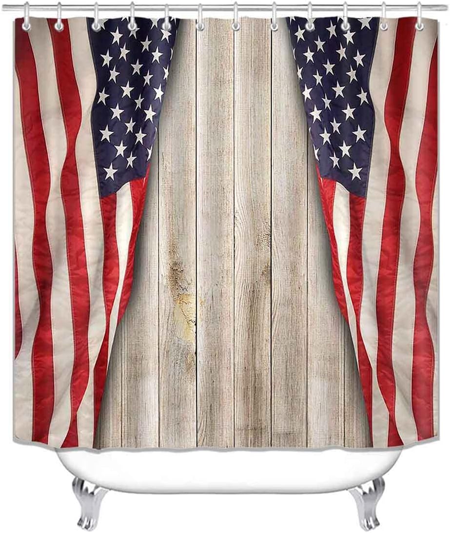 4PCS American Flag Shower Curtain Set, 4th of July Independence Day Patriotic Wooden Board Country Rustic Farmhouse Bathroom Decor Waterproof Fabric Shower Curtain Non-slip Bath Mat Toilet Rug