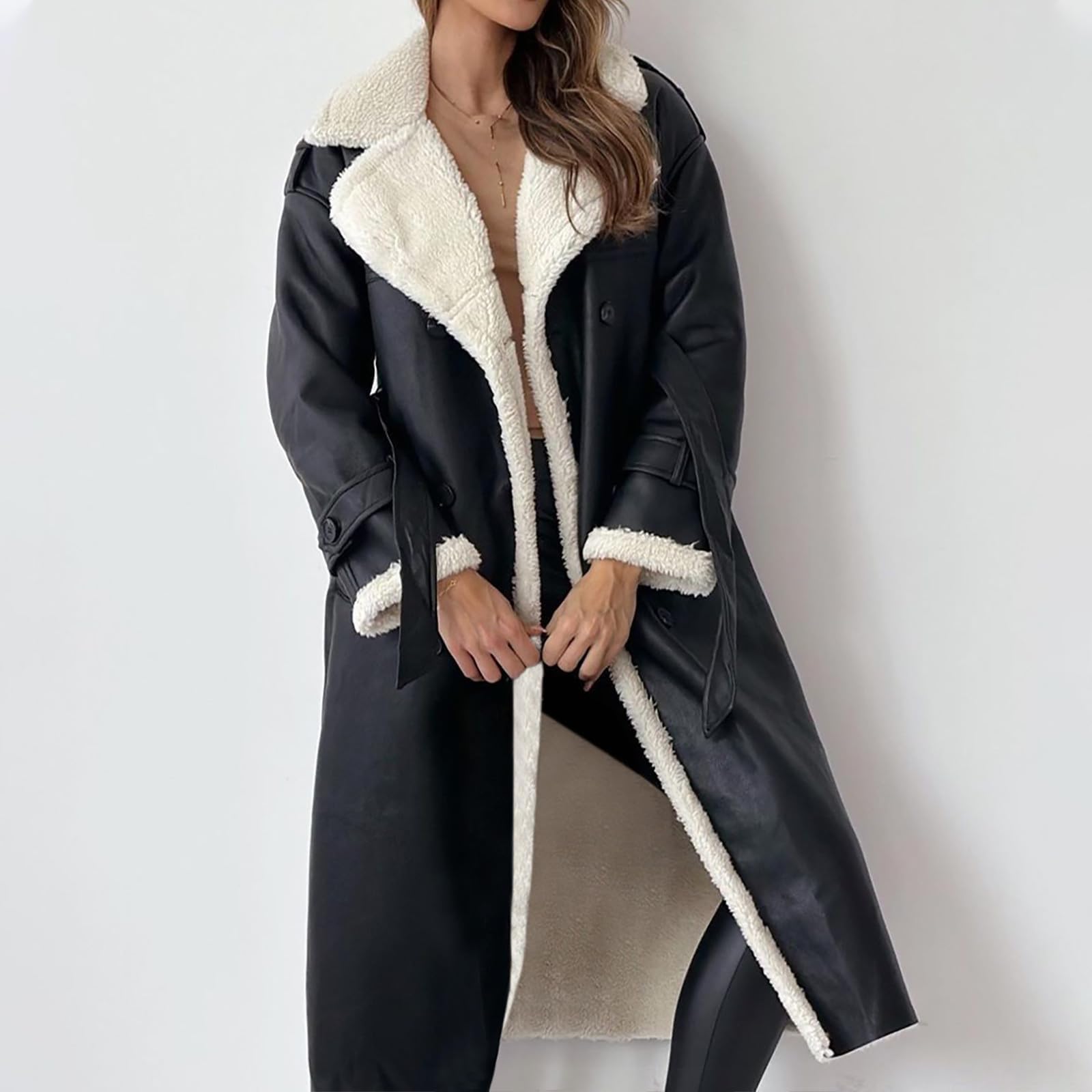 Ansenesna Lederjacke Damen Lang Gefüttert Winterjacke Damen Leder Warm Innenfutter Wintermantel Elegant Lederoptik Trenchcoat Mit Gürtel Zweireihig Mantel Frauen Winter Kunstleder Ledermantel
