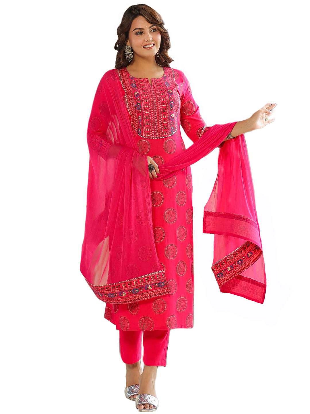GoSriKiWomen's Cotton Blend Printed Straight Kurta with Pant & Dupatta