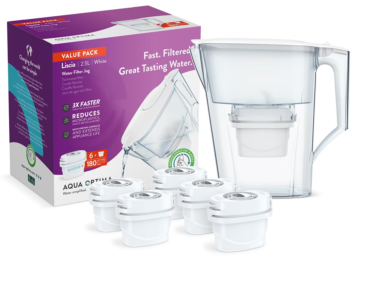 Aqua Optima Liscia Filter Jug & 6 x 30 Day Evolve+ Water Filter Cartridges, 2.5 Litre Capacity, for Reduction of Microplastics, Chlorine, Limescale and Impurities, White