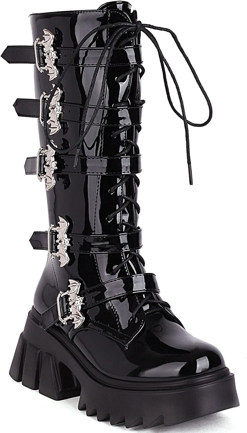 CYNLLIO Women's Lace-up Platform Boots Block High Heel Zip Gothic Mid Calf Boots with Bag Punk Motorcyle Boots Combat Boots