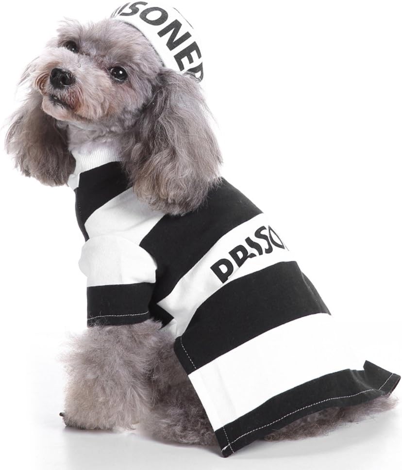 MaruPet Halloween Fancy Prisoners Dogs Cats Warm Costumes with Hat for Teddy, Pug, Chihuahua, Shih Tzu, Yorkshire Terriers, Papillon D-Black/White L