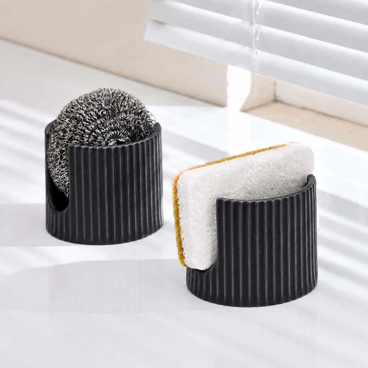 Ceramic Sponge Holder for Kitchen Sink, Quick Dry Sink Caddy Organizer with Non-Slip Base, Farmhouse Sponge and Brush Holder for Countertop, Bathroom or Kitchen, Black