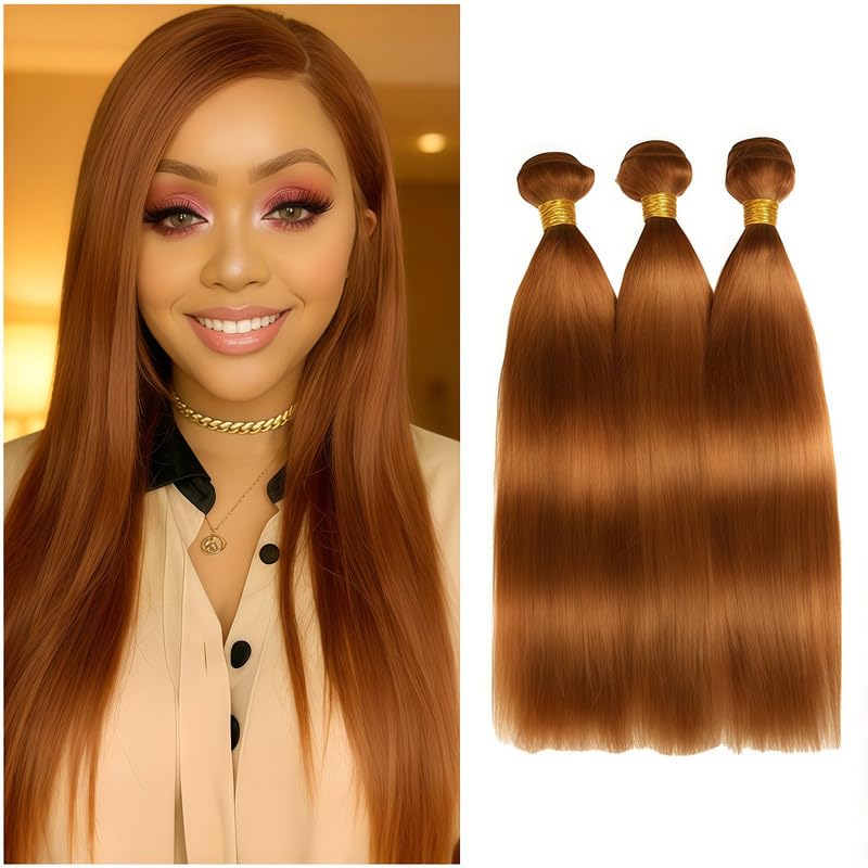 KODRHAR 12A Brown Straight Human Hair Bundles Double Weft for Black Women Brazilian Straight Human Hair Extensions 3 Bundles 16 18 20 Inch 30 Color
