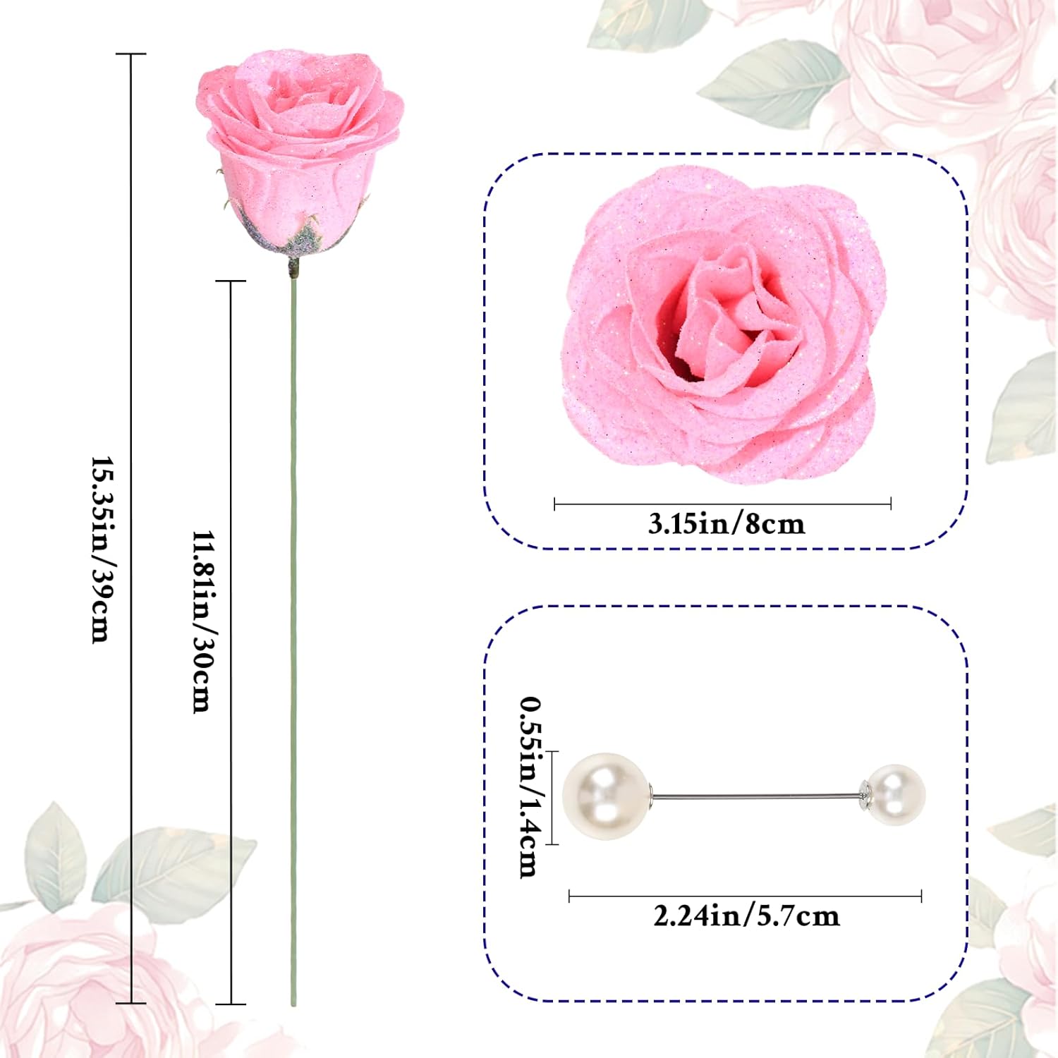 Waipfaru Pink Glitter Roses Bouquet, DIY Fake Flowers Bouquet, Artificial Rose Bouquet for Valentines, Anniversary, Engagement, Wedding, 24 Roses - Image 2