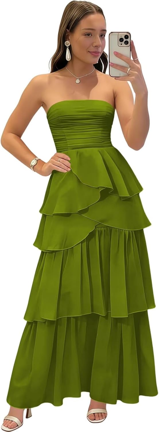 Tiered Prom Dresses Long Chiffon Ruffle Bridesmaid Dress Strapless Pleated Ball Gown