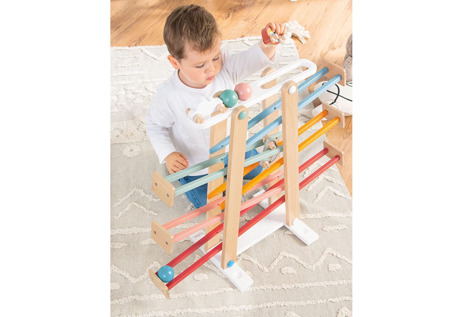 PINOLINO Regenbogen Kugelbahn Kuno, 8-teilig, aus Holz, L 68, B 25, H 56 cm, für Kinder von 3 – 6 Jahren