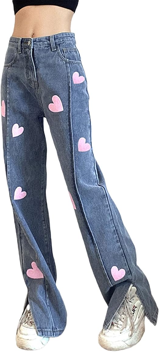 High Waist Split Hem Baggy Denim Pants 