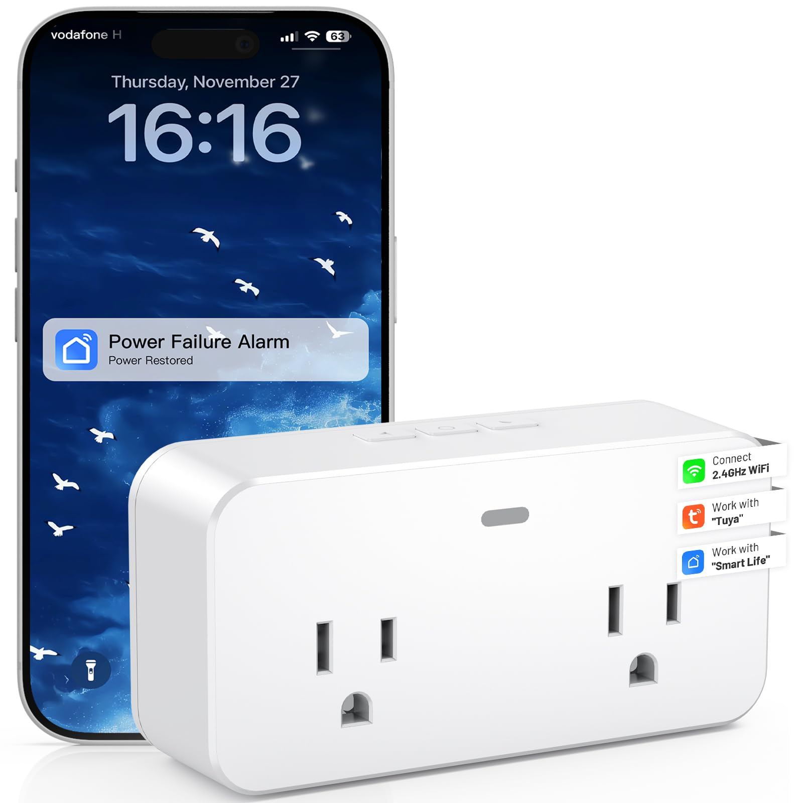 Remote Silence, Dual 15A Outlets, Loud 110dB, Custom Alarm Settings, 3 Volume Levels, 3 Alarm Tones, 2.4GHz Wi-Fi Only WiFi Power Failure Alarm for Outlet, Freezer & GFCI Trip with APP Alerts