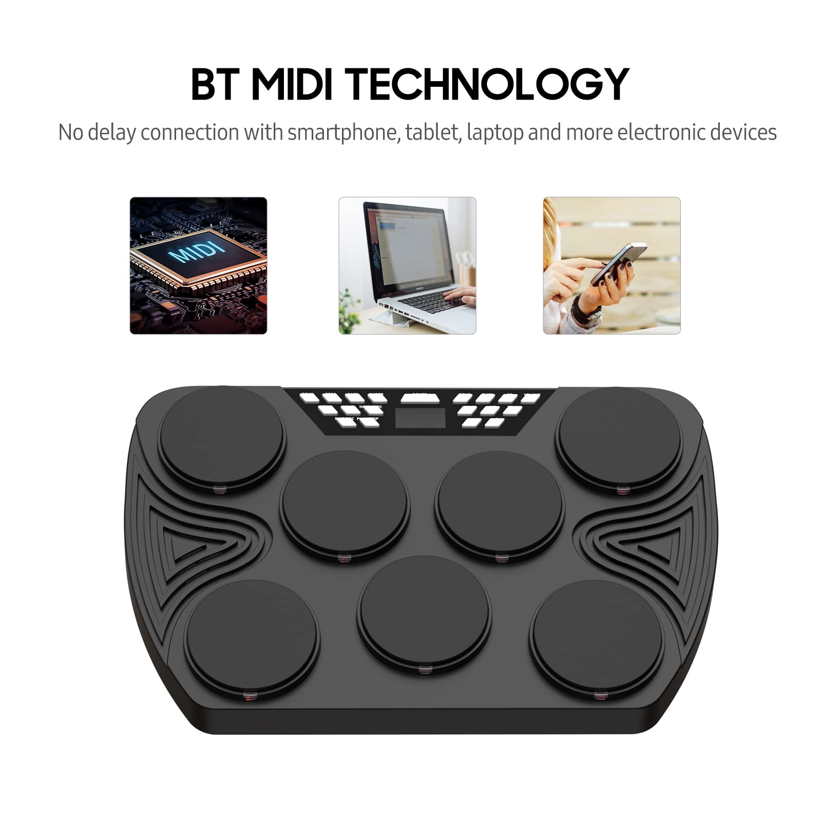 Batteria elettronica portatile, tamburo da tavolo con 7 pad sensibili alla velocità, supporto per pad batteria ricaricabile integrato, ingresso audio per registrazione, per bambini e principianti
