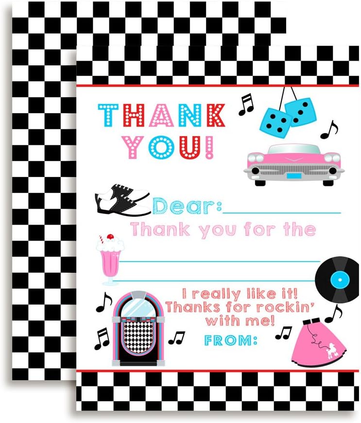 50's Sock Hop Themed Thank You Notes for Kids, 10 4" X 5.5" Fill in the Blank Cards with 10 White Envelopes by AmandaCreation