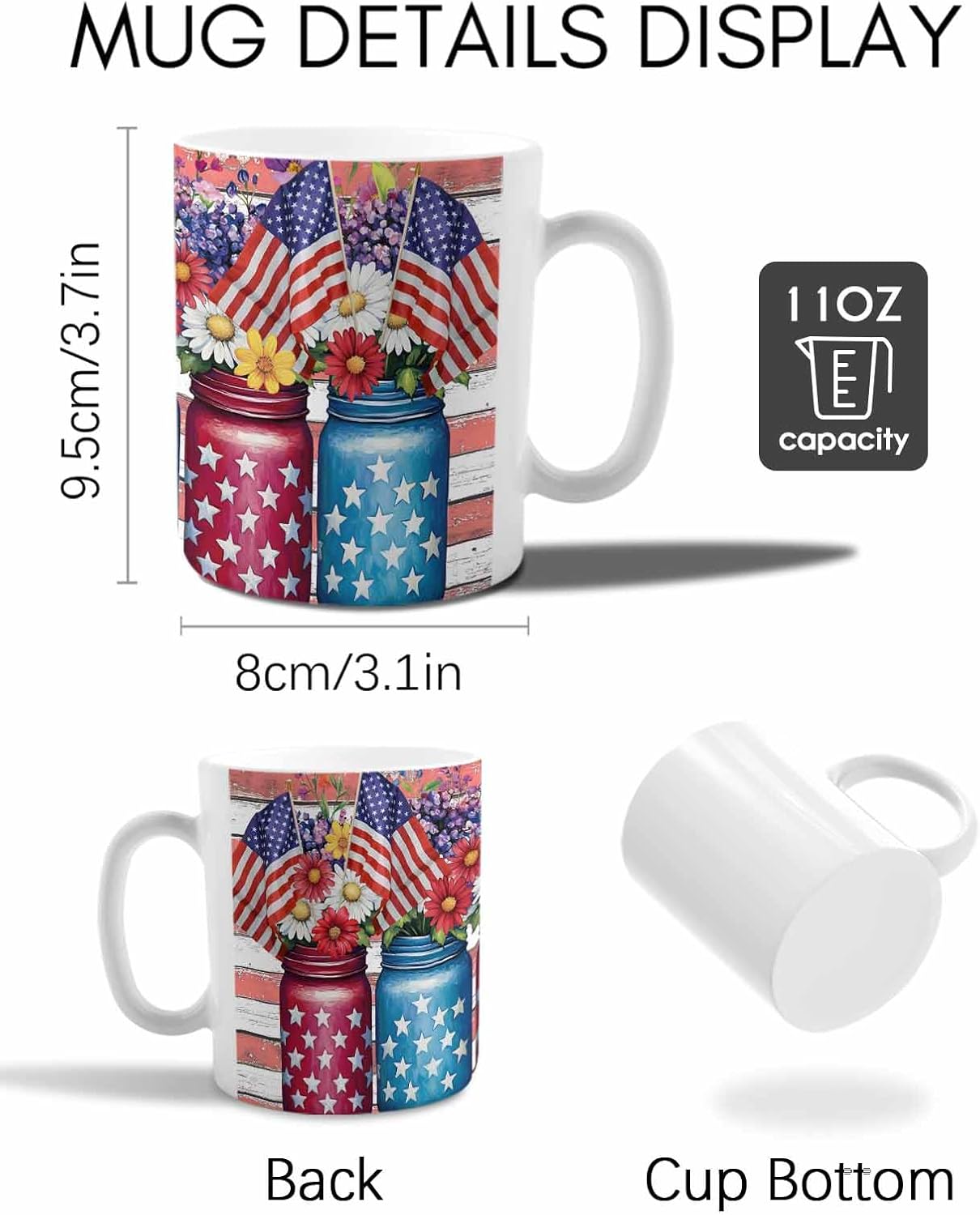 BEMIGO Ceramic Coffee Mug Independence Day Wood Ceramic Mug White Cup, Farmhouse Floral Vase Insulated Coffee Cup with Handle with Pattern Perfect for Tea and Hot Beverages, 12oz