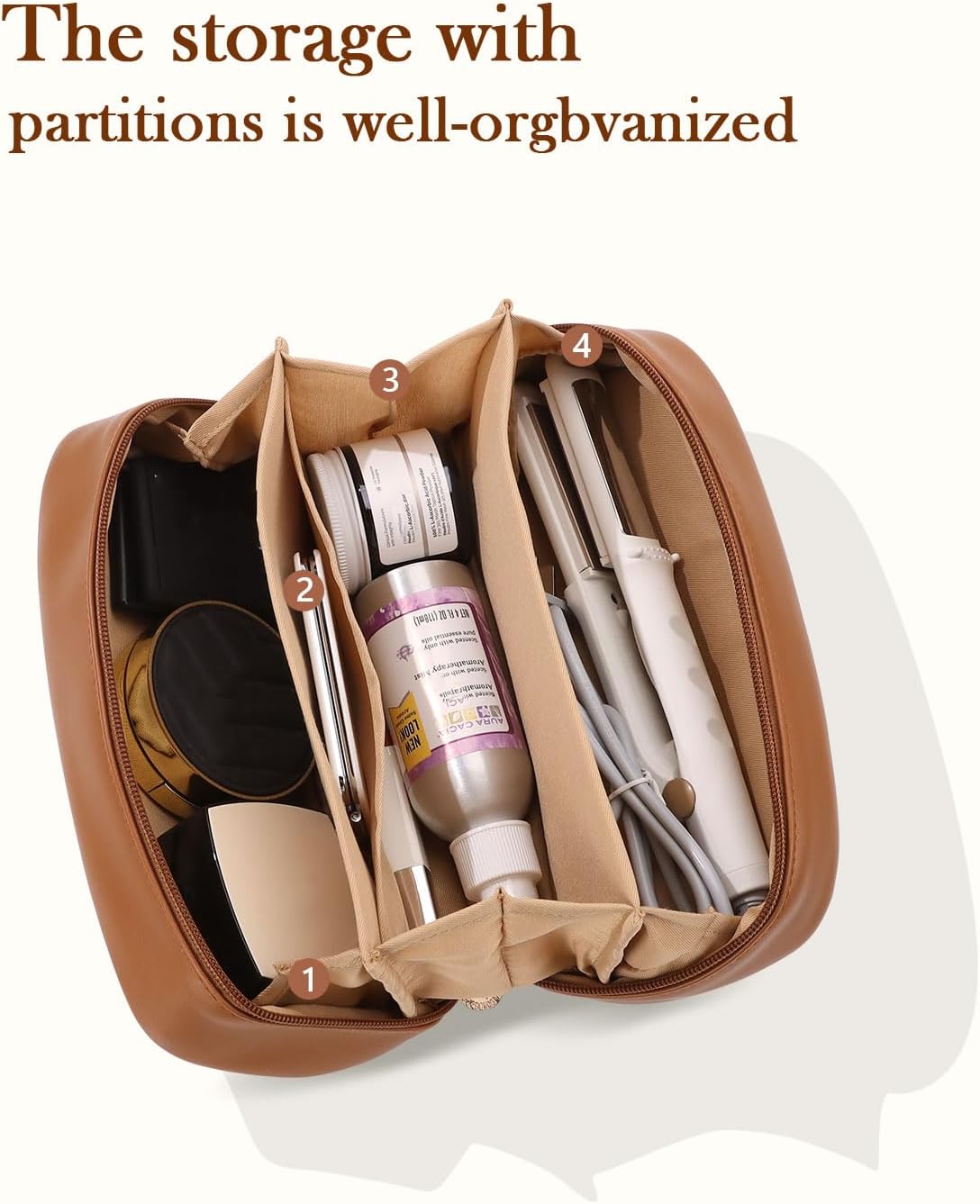 Pocmimut Makeup Bag,Open Flat Makeup Pouch Purse Car Accessories,Travel Essentials Organizer with Divider,Christmas Birthday Gifts for Mom and Lover,Brown