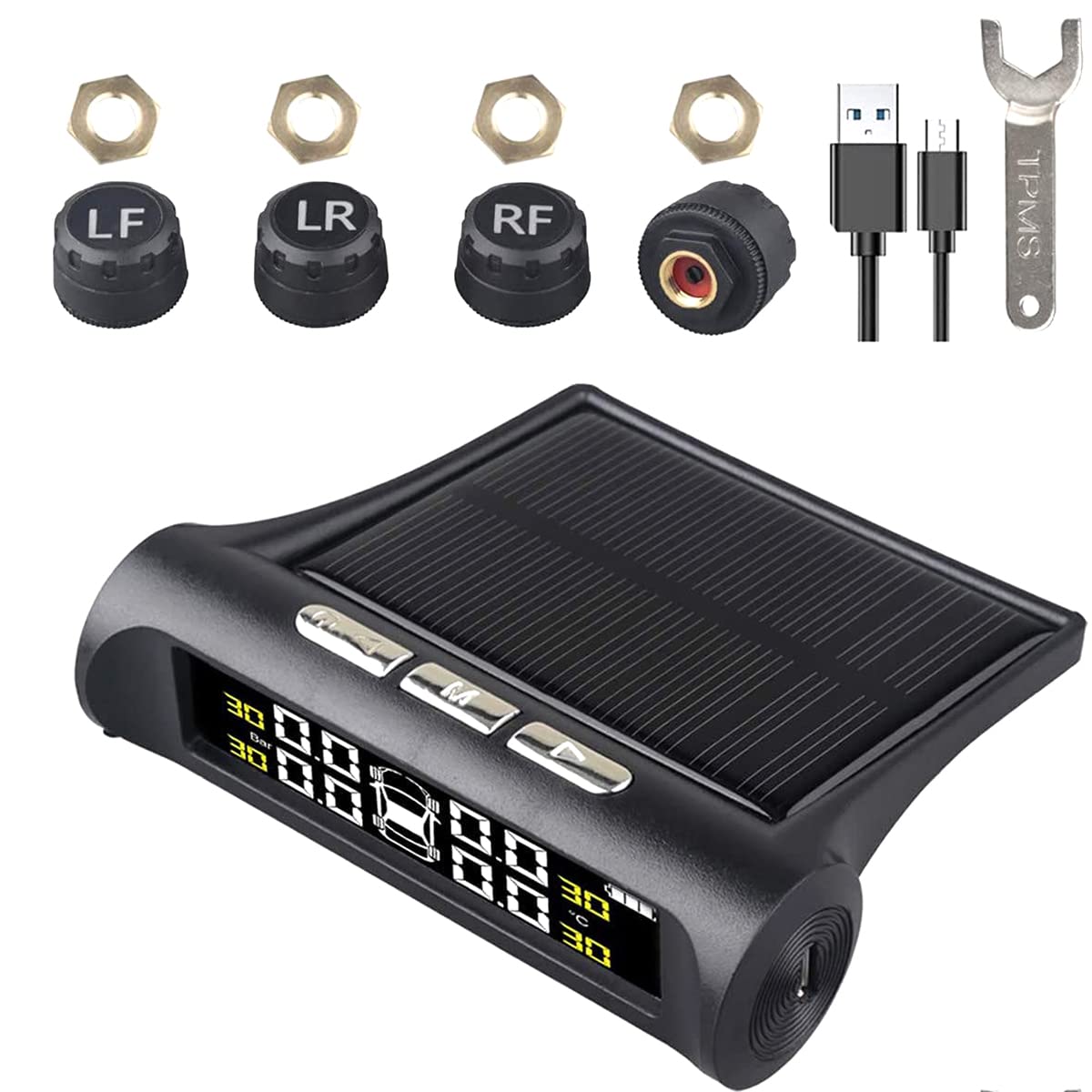 Tire Pressure Monitoring System Solar Wireless TPMS with 4 Sensor IP67 Waterproof Auto Safety Monitor Digital LCD Display USB Charging Auto Alarm System for Truck RV Trailer Car(black)