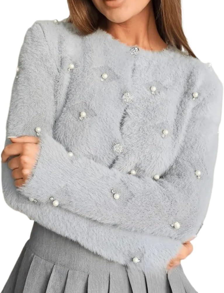 Women's Cardigans V Neck Button Up Sweater with Pearls Long Sleeve Fuzzy Cardigan Y2k Chunky Knit Cotton Sweaters