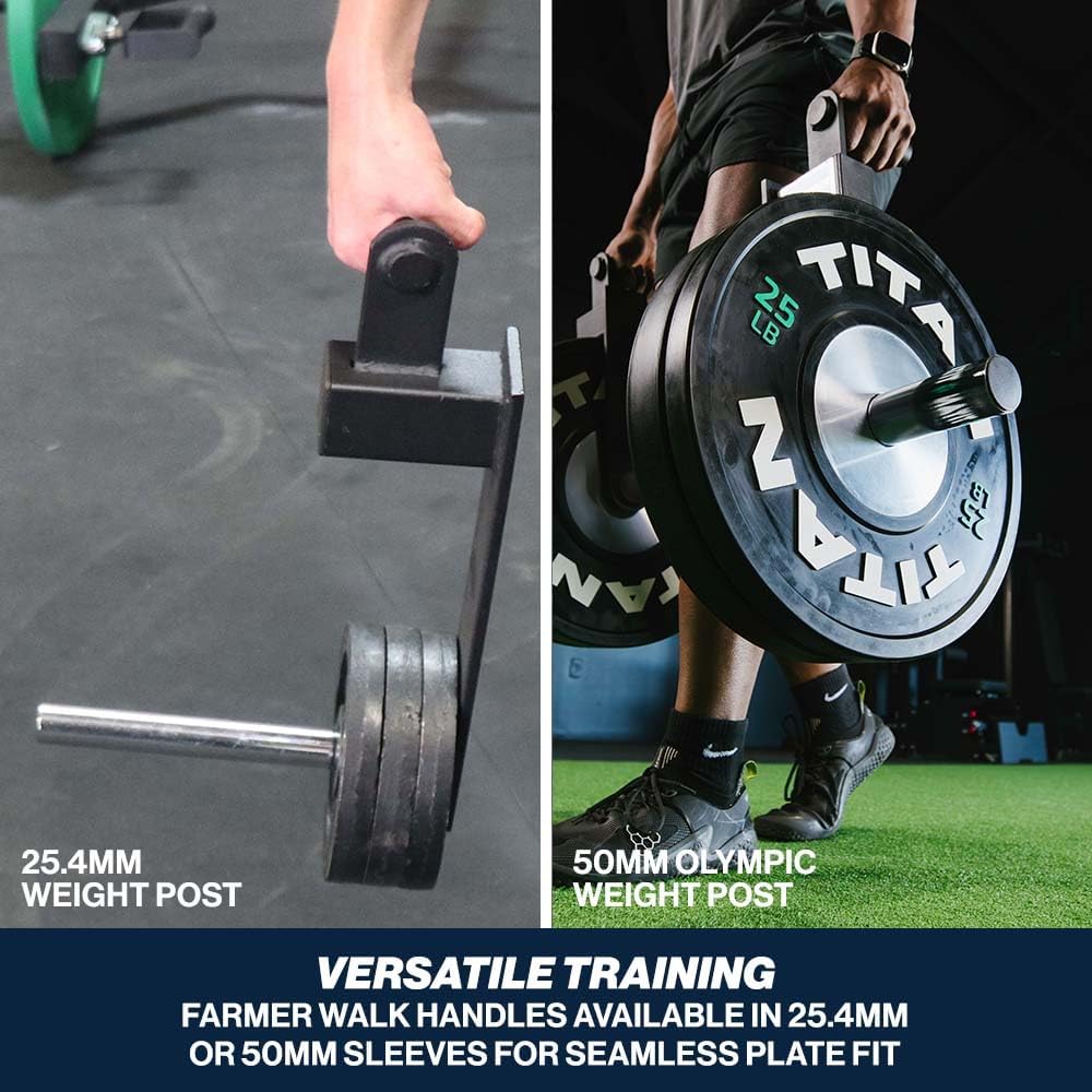 Titan Fitness Mini Farmers Walk Handles, Fits 25.4mm Standard Weight Plates, 10" Loadable Length, Comfortable Grip Handles, Set of 2, 600 LB Load Capacity, Home Gym Exercise Equipment