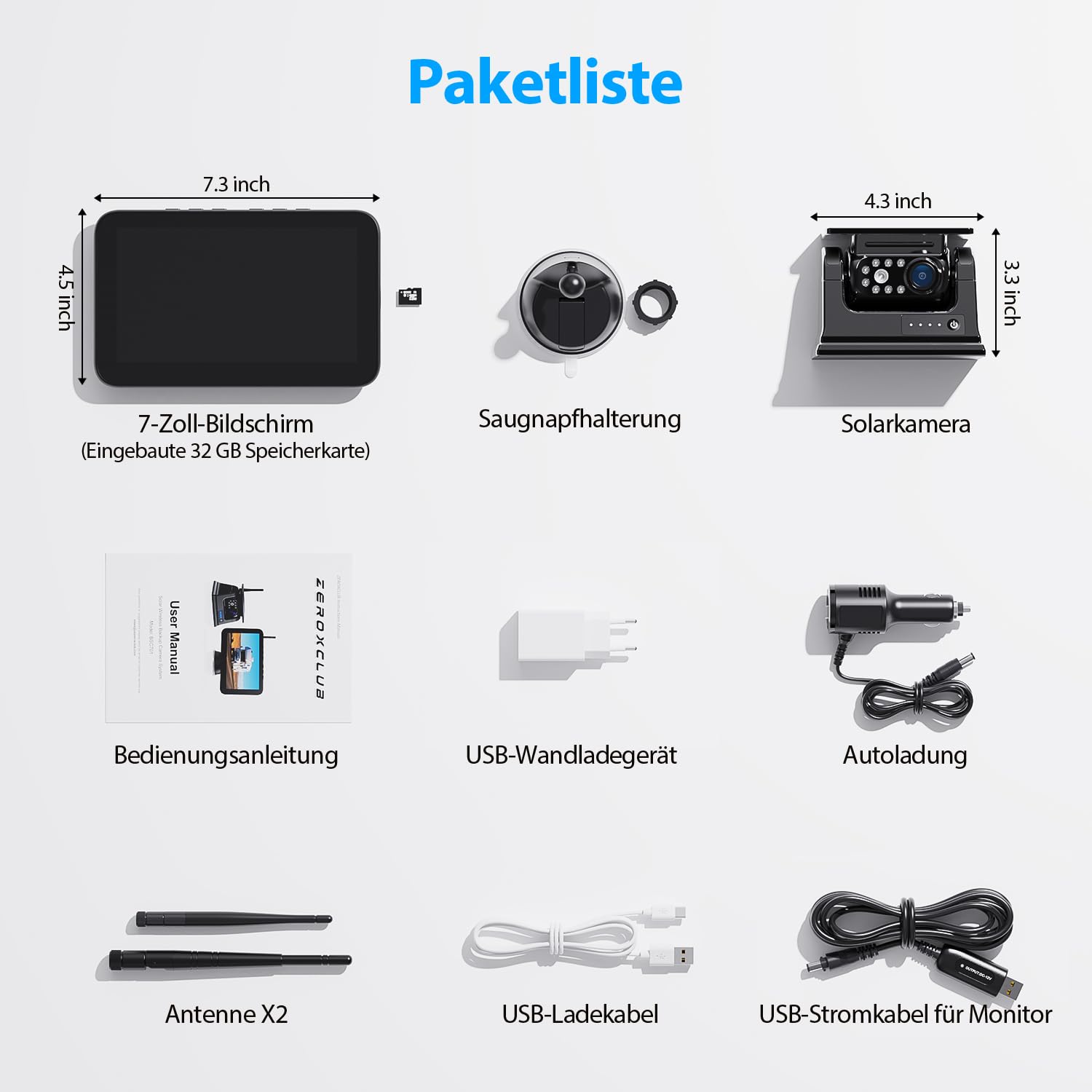 Rückfahrkamera Kabellos Solar 7" 9600mAh Akku 1080P HD Monitor IP69K Wasserdicht für Anhänger Wohnmobile LKWs