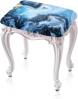 Blue Golden Marble Print Rectangle Stool Cover, Soft Elastic Saddle Seat Covers Washable Breathable Bar Stool Slipcover Floral Bench Seat Protector, Set of 6