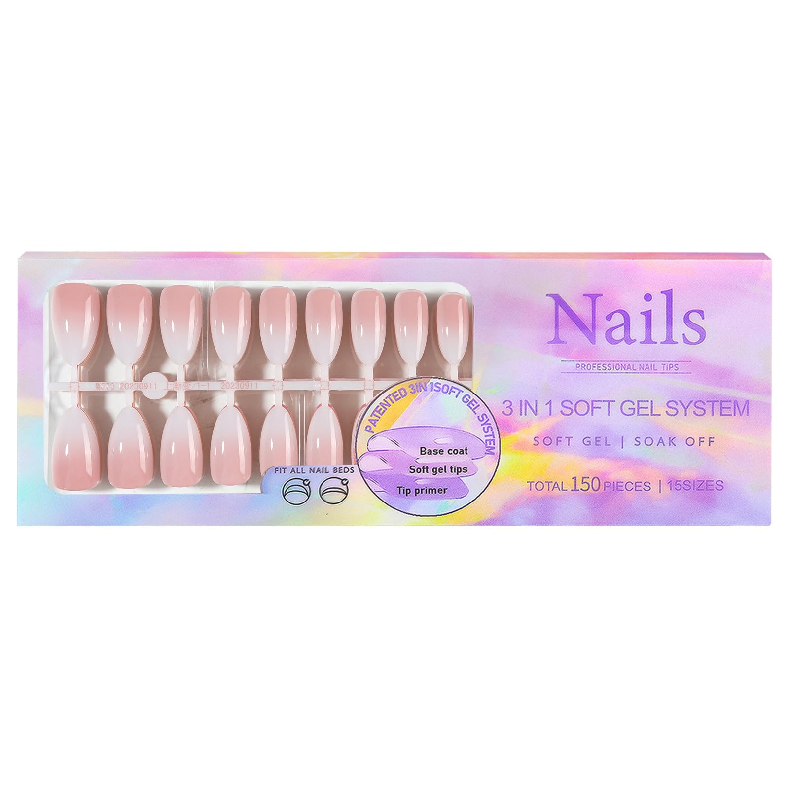 5 Colori Sfumati Punte per Unghie in Gel Morbido Strato di Base Pre-Applicato e Primer per Punta Unghie Finte Prefabbricate 15 Dimensioni Punte per Unghie Finte per Nail (02)