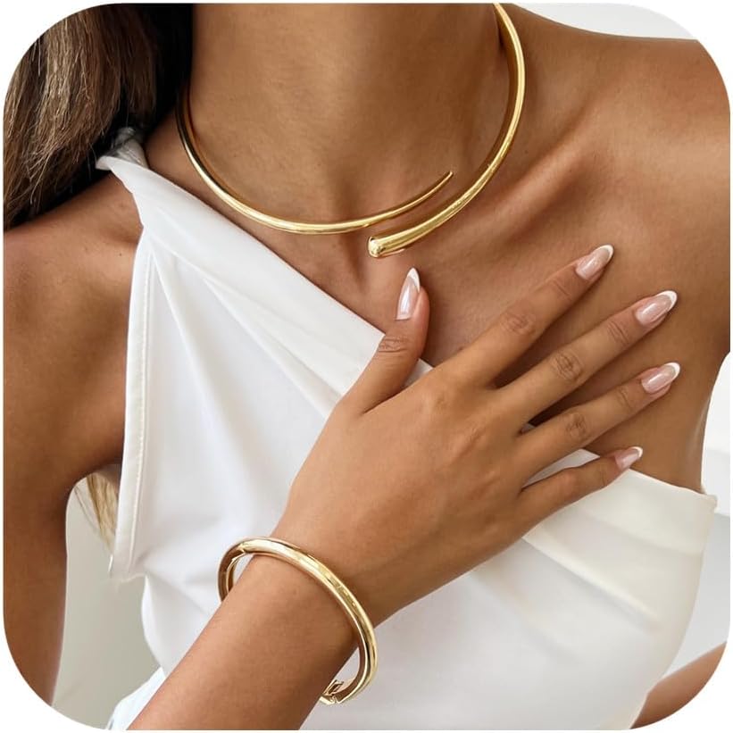 Chunky Gold Choker Necklace for Women With Bracelets, 18K Gold Plated Statement Teardrop Collar Silver Minimalist Fashion Accessories Jewelry Gifts