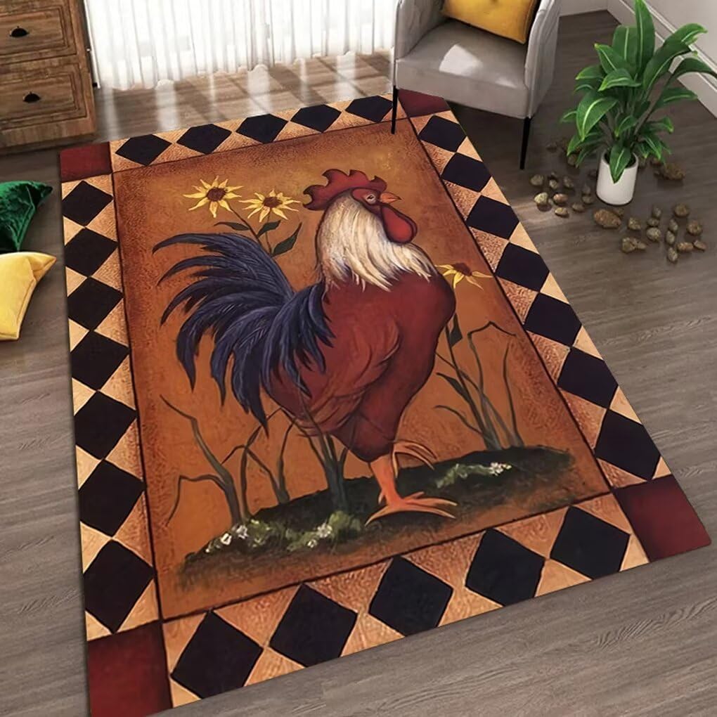 Soyalie Rooster Sunflower Area Rug for Hallway Retro Rustic Lodge Henhouse Print Carpet Farm Floor Pad Blooming Floral Chicken Rugs Rectangular Floor