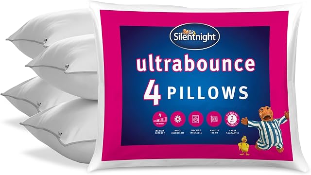 Silentnight Luxury Ultrabounce Pillow 4 Pack  Pack of 4 Soft/Medium Support Bed Pillows with Luxurious Stitched Edging - Comfy Hypoallergenic Machine Washable