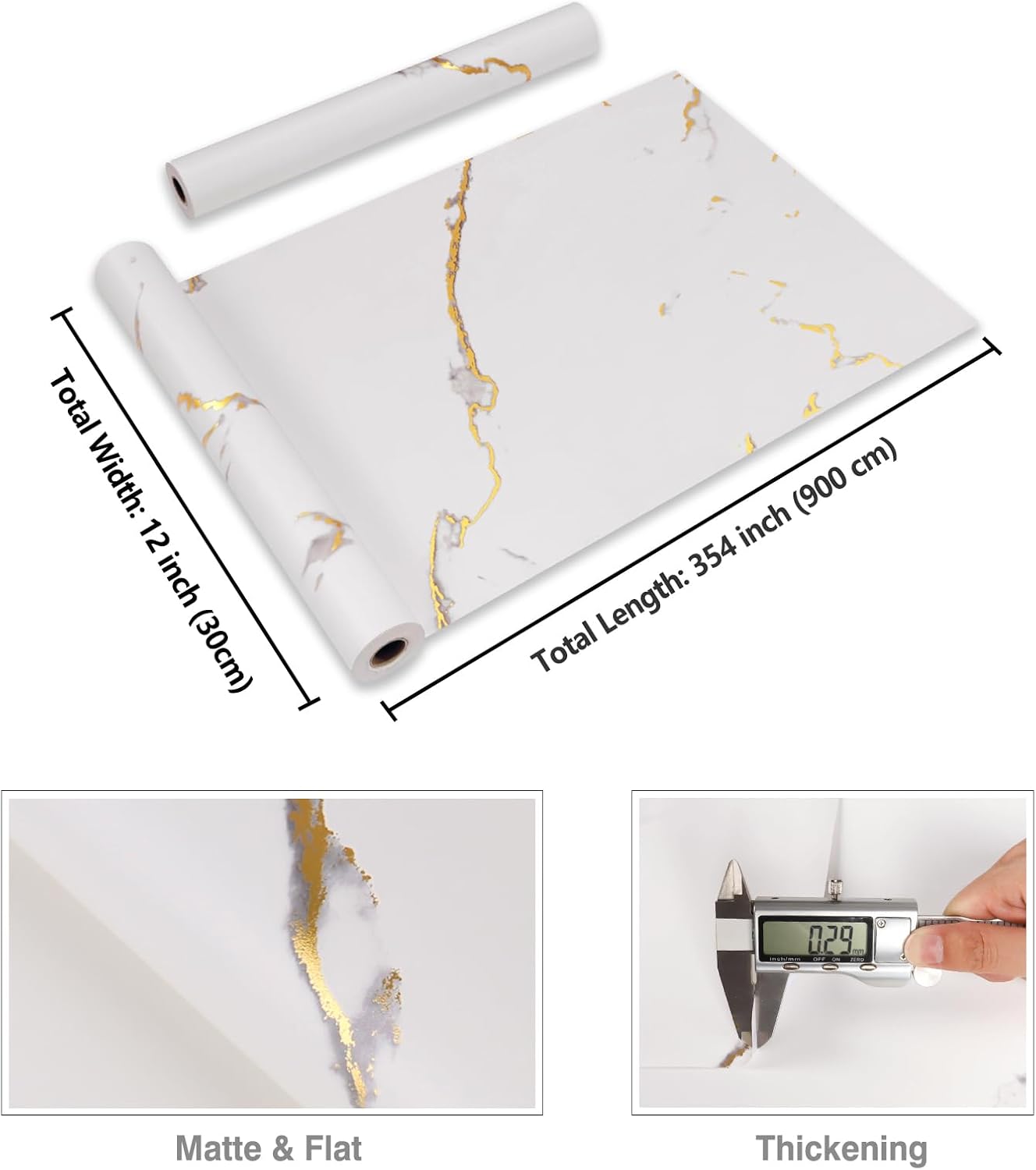 CRE8TIVE Matte White Grey Gold Marble Contact Paper Peel and Stick Marble Wallpaper for Kitchen Countertop Vinyl Wrap Waterproof 12"x354" Self Adhesive White Contact Paper for Cabinets Walls Bathroom