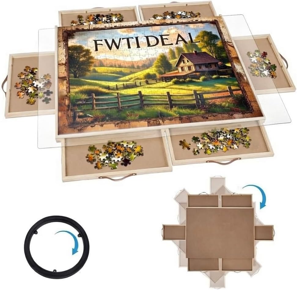 1500 Pieces Rotating Puzzle Board with 6 Drawers and Transparent Cover, 35'' * 27'' Portable Wooden Jigsaw Puzzle Table for Adults, Puzzle Accessories for Gift