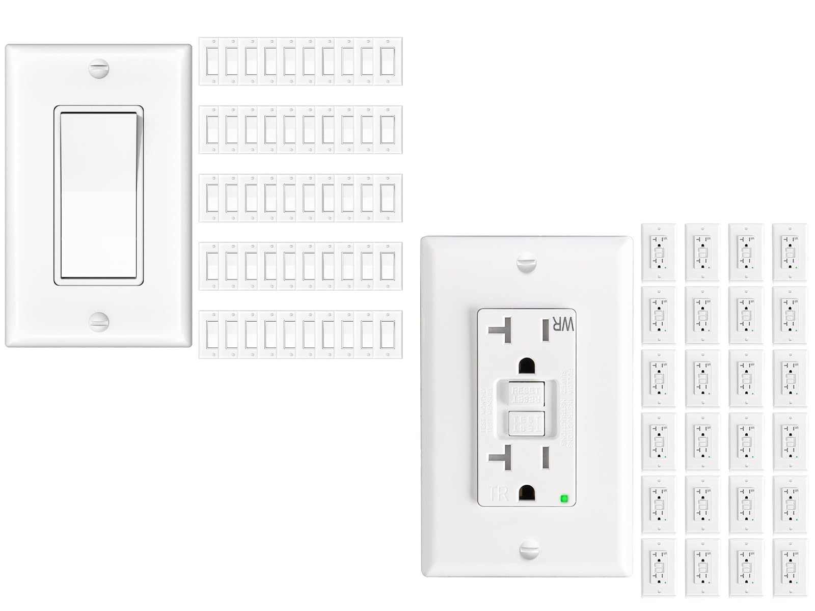 Amico 50 Pack 15A Single Pole Decorator Light Switch & Amico 24 Pack 20 Amp GFCI Outlet with Thinner Design, Weather Resistant (WR)