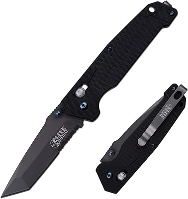 Elite Tactical - Folding Pocket Knife - Tanto Point Serrated Blade with Black G10 Handle and Pocket Clip - Rapid Lock Tactical Military Knife - 8