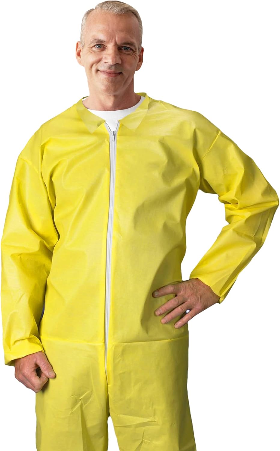 EZGOODZ Disposable Hazmat Suits, 2X-Large. Pack of 5 Yellow Coveralls. 82 GSM Polyethylene Polypropylene Lab Coveralls. Painters Suit With Open Cut Wrists & Ankles, Long Sleeves