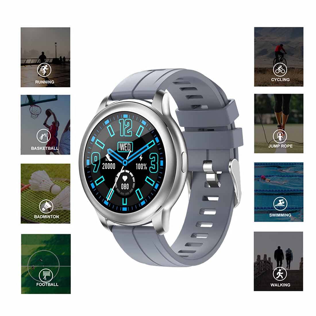 Smartwatches, sportowy smartwatch z pulsometrem i monitorem snu, cyfrowy ekran dotykowy 1,3", wodoszczelność IP68, krokomierz, monitor aktywności, dla mężczyzn, kobiet, dzieci szary