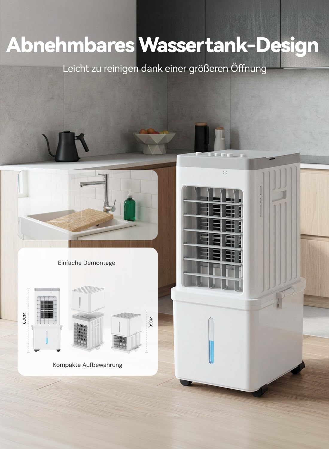 Climatiseur Mobile, Rafraîchisseur d’Air 3-en-1, Refroidisseur Évaporatif, Réservoir 12L, 3 Vitesses, Oscillation 60°, 35dB Silencieux, Design Compact, Maison, Bureau, Adapté aux Animaux Domestiques