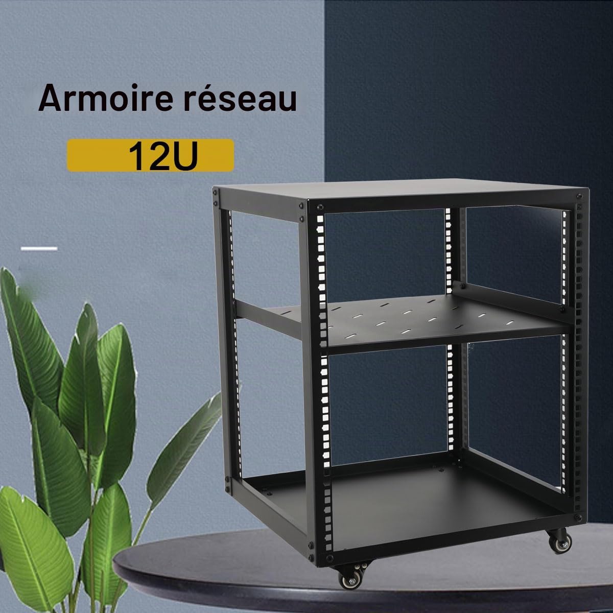 Rack de Serveur à Cadre Ouvert 12U Support de Serveur réseau autoportant, Universal 19 Pouces Rack Serveur Mobile avec 4 Roues pour équipement IT/réseau