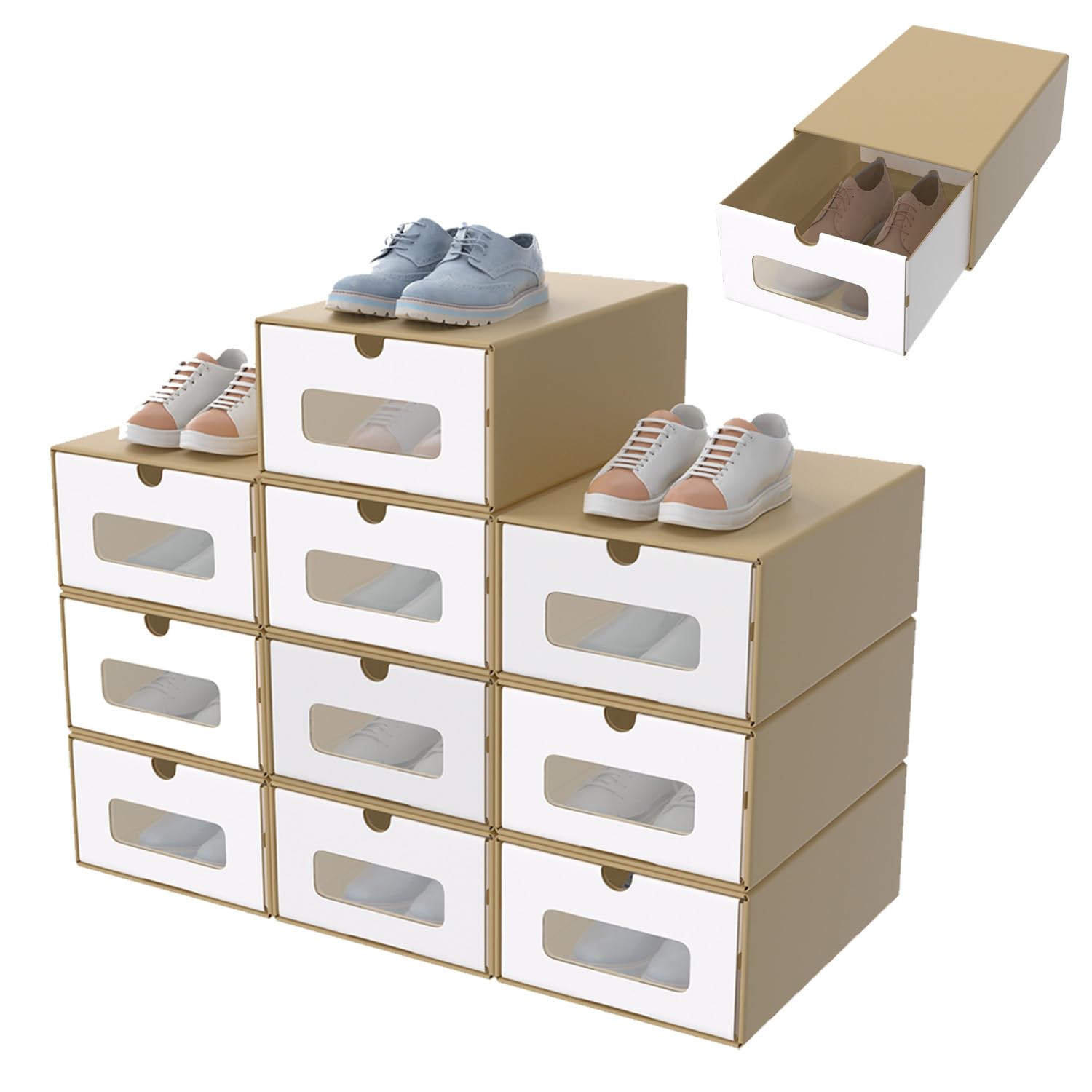 30 cajas de zapatos apilables de cartón con ventana transparente, 34,5 x 23,5 x 13,5 cm