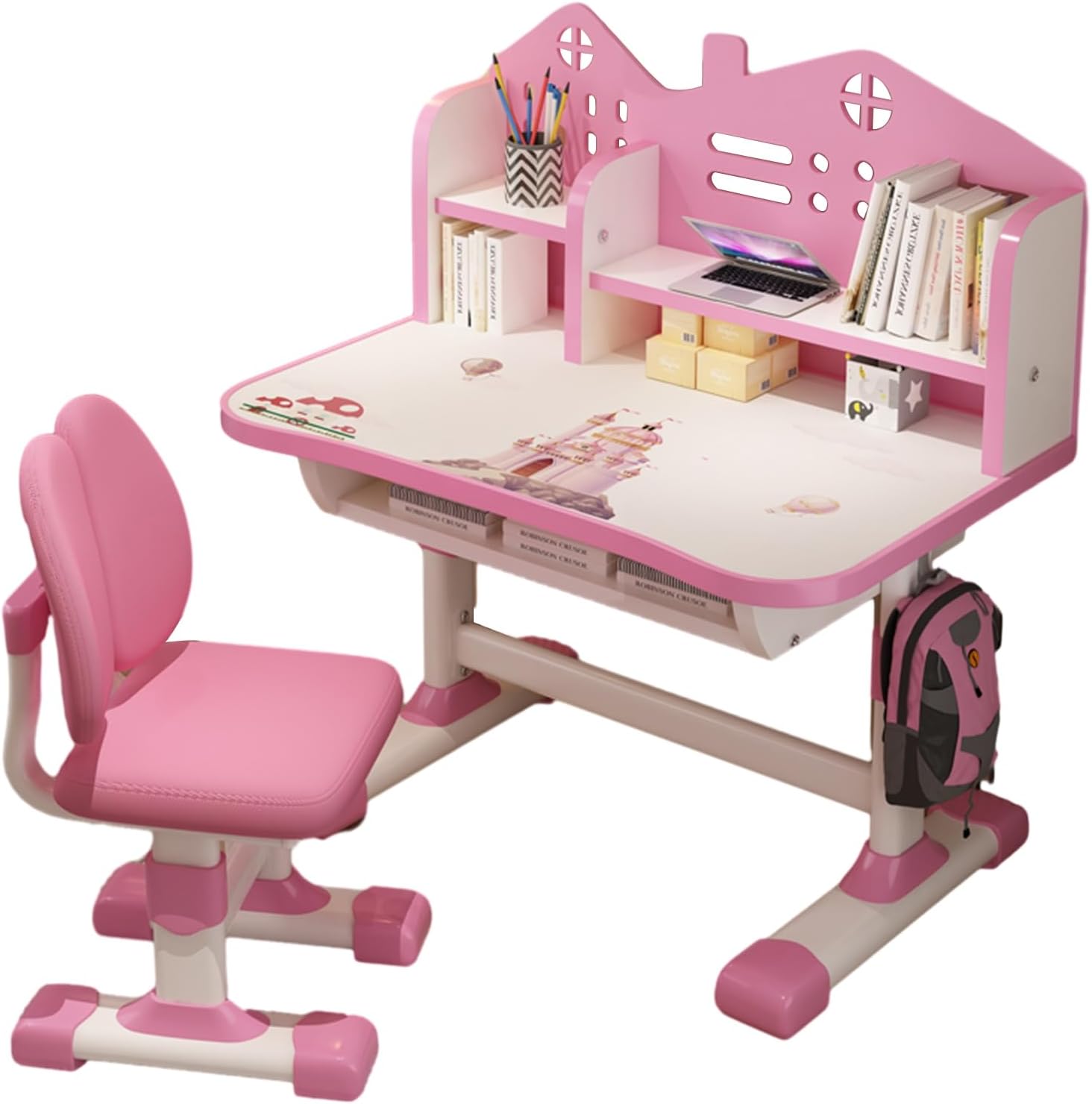 Children's Desk Children Desk Set of 2 Children's Desk and Chairs Extended Set Cartoon Height Adjustable for Home School Pink