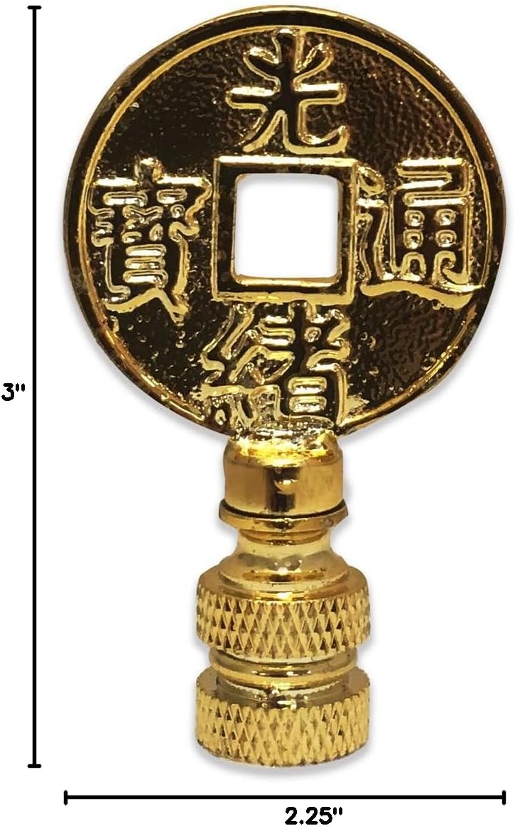 Royal Designs Asian Symbols 2.25" Lamp Finial for Lamp Shade, Polished Brass - Set of 2