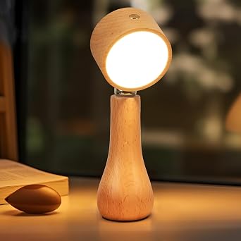 LONRISWAY LED Wooden Mushroom Lamp, Rechargeable Battery Operated Portable Cordless Touch Switch Small Lamp, Stepless Dimming, 360 Degree Rotation Angle Adjustable,Night Light for Birthday Gifts